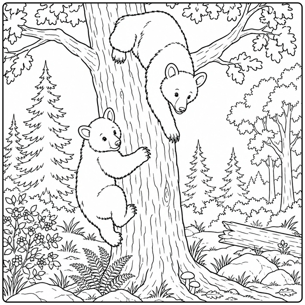 Two black bears climb down a tall tree in a detailed woodland setting