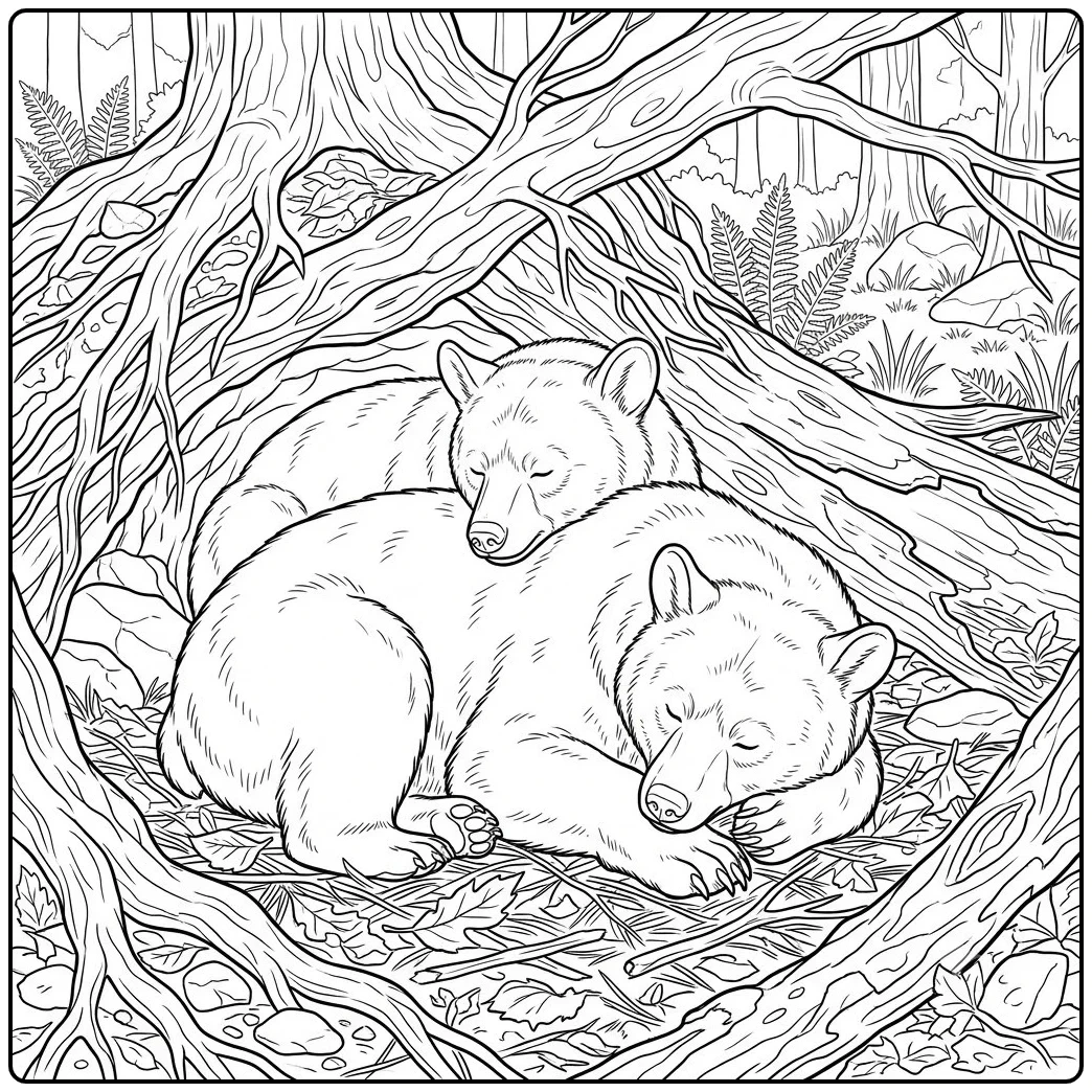 Two black bears cuddle and sleep beneath tangled tree roots in a quiet forest den