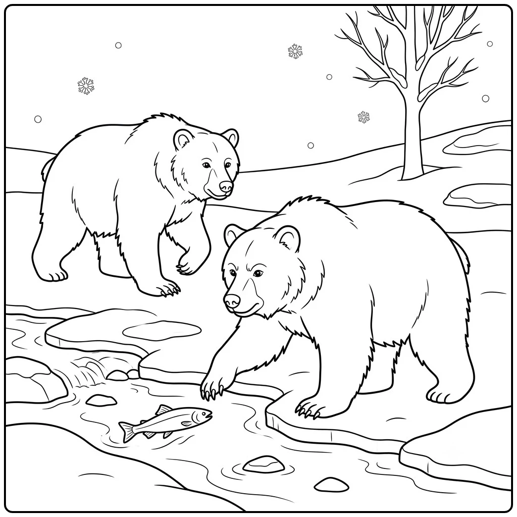 Two adult bears watch a fish in a snowy stream on a brown bear coloring page