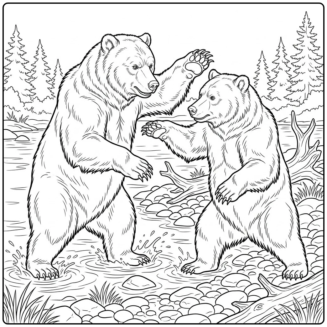 Two upright bears swat at each other in a rocky brown bear coloring page scene
