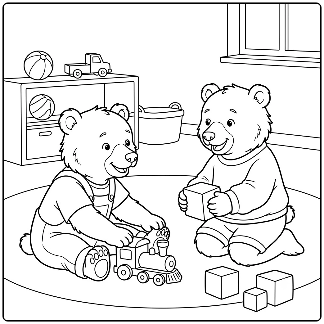 Two clothed brown bears play with a toy train and block in a simple playroom