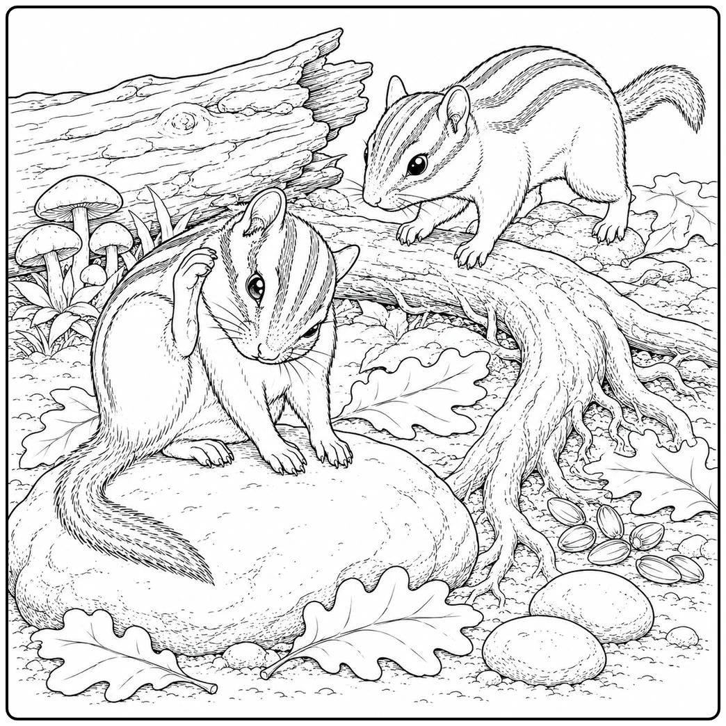 Two chipmunks explore a woodland floor, one scratching its ear beside an exposed root
