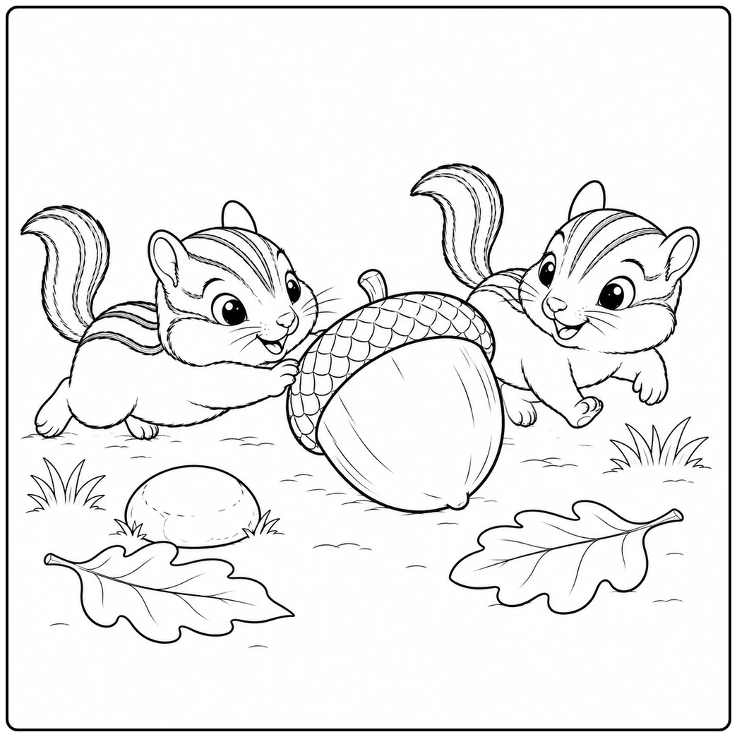 Two chipmunks playfully push a giant acorn across the ground beside leaves and stones