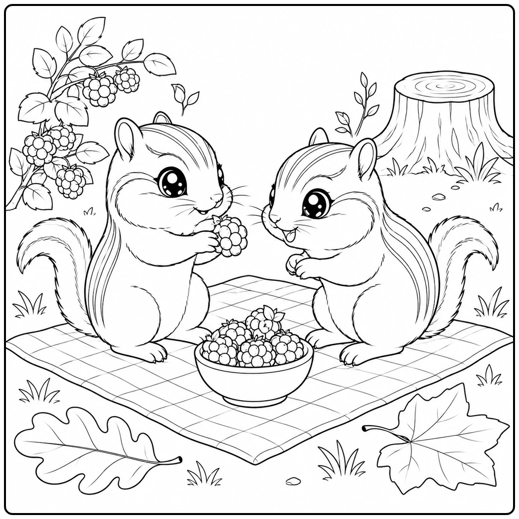 Two chipmunks share berries from a bowl on a picnic cloth near leaves and a tree stump