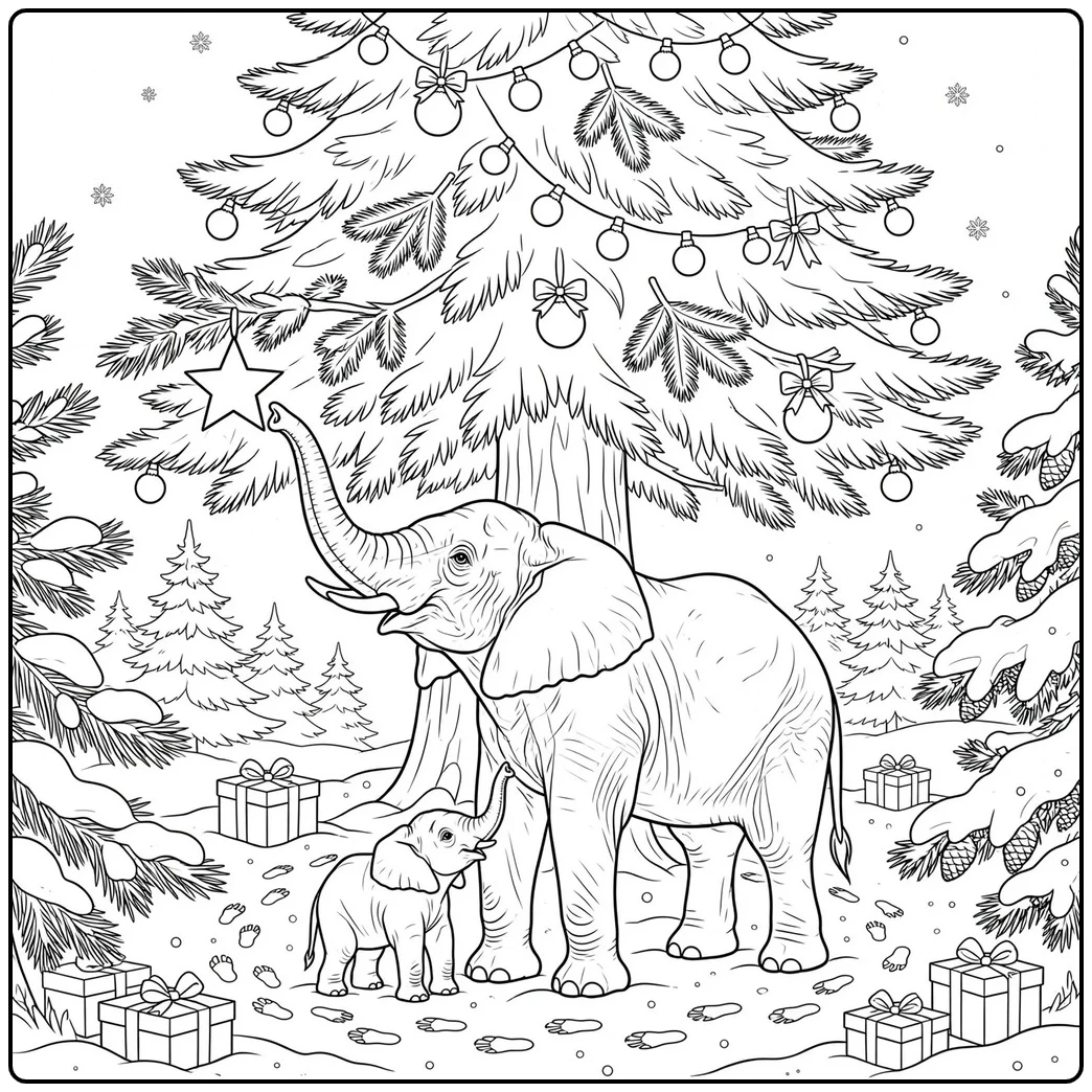 Adult and baby elephants stand beneath a decorated Christmas tree with wrapped gifts