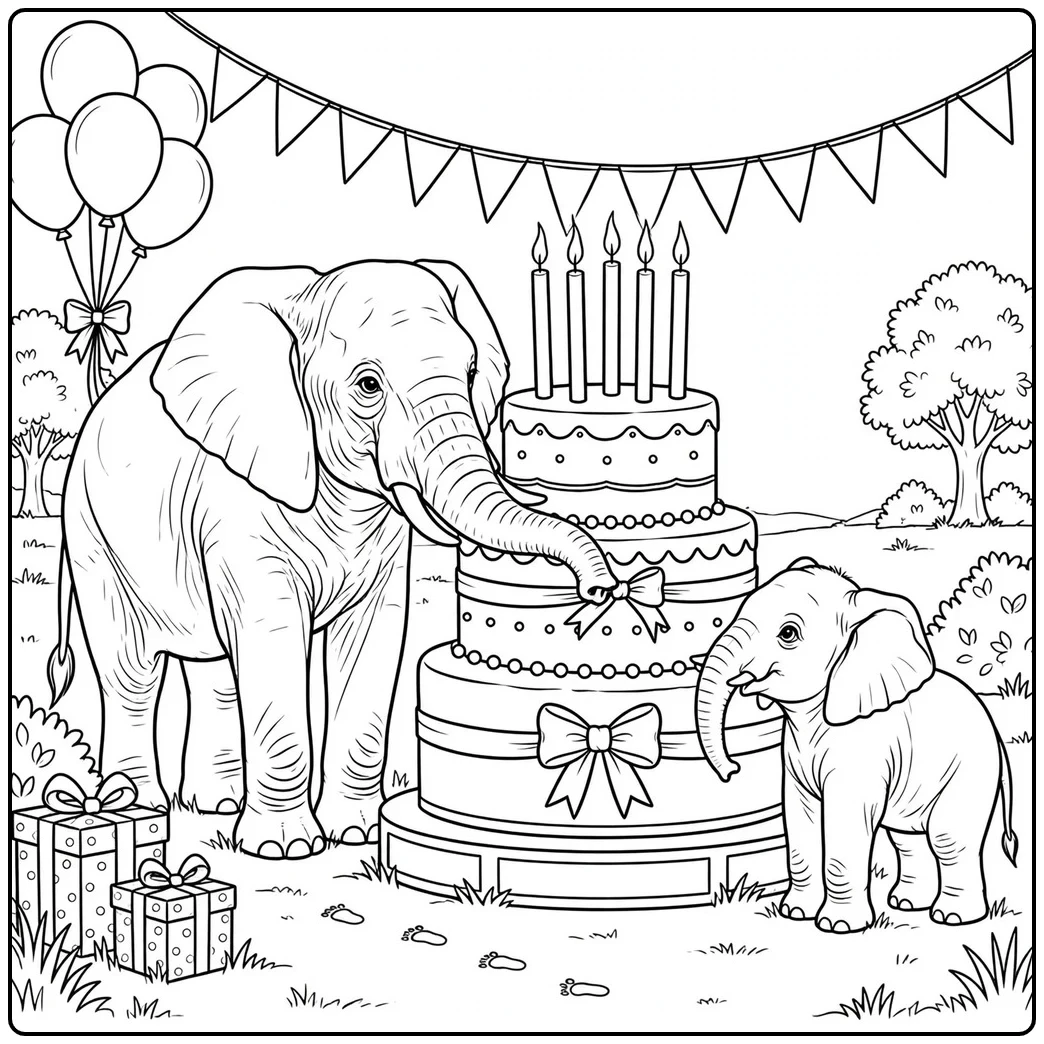 Two elephants gather around a happy birthday elephant coloring page with a tiered cake