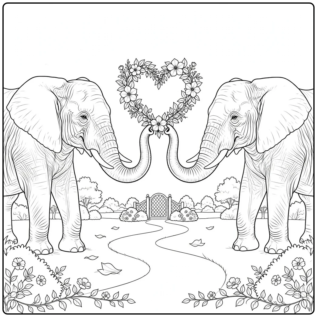 Two elephants face each other while lifting a floral heart wreath between their trunks