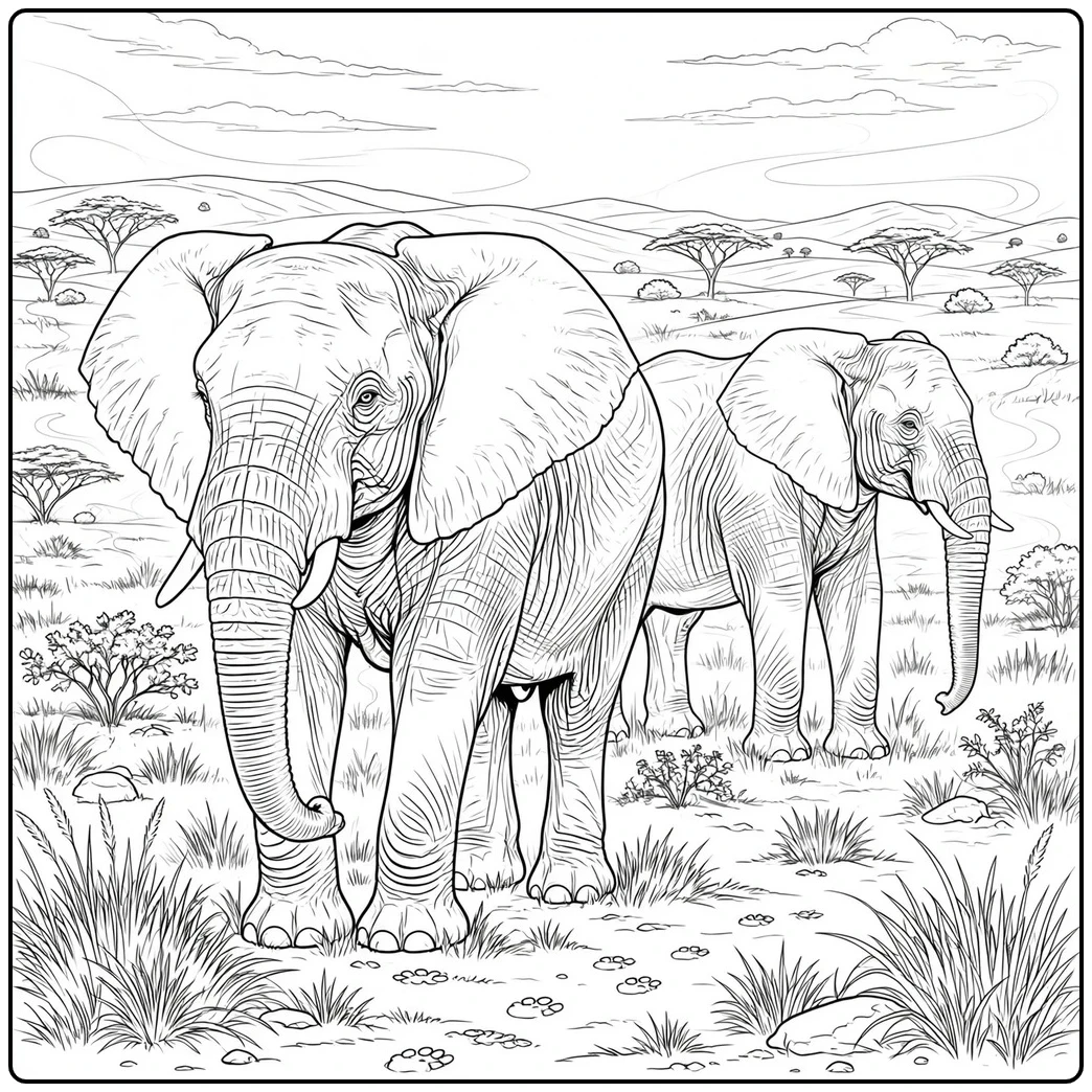 Two adult elephants stand across open savanna with rolling hills and scattered acacia trees