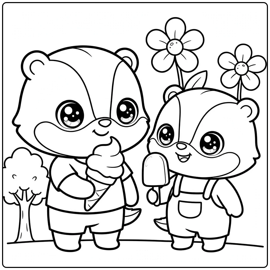 Two big-eyed honey badgers in outfits enjoy an ice cream cone and a popsicle.