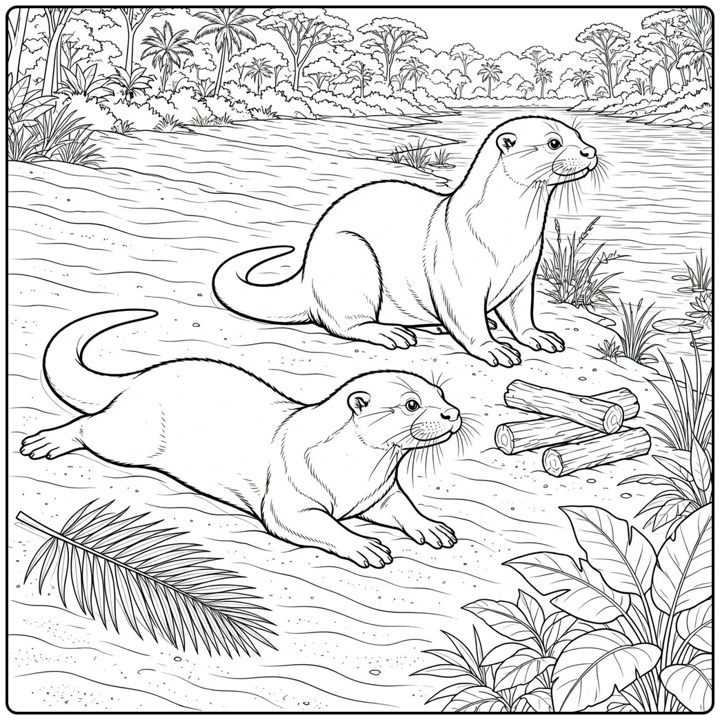 Two otters rest on a tropical riverbank beside driftwood and dense forest foliage.