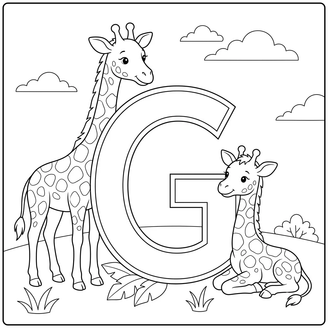 Two giraffes pose around a giant outlined letter G with grass and clouds