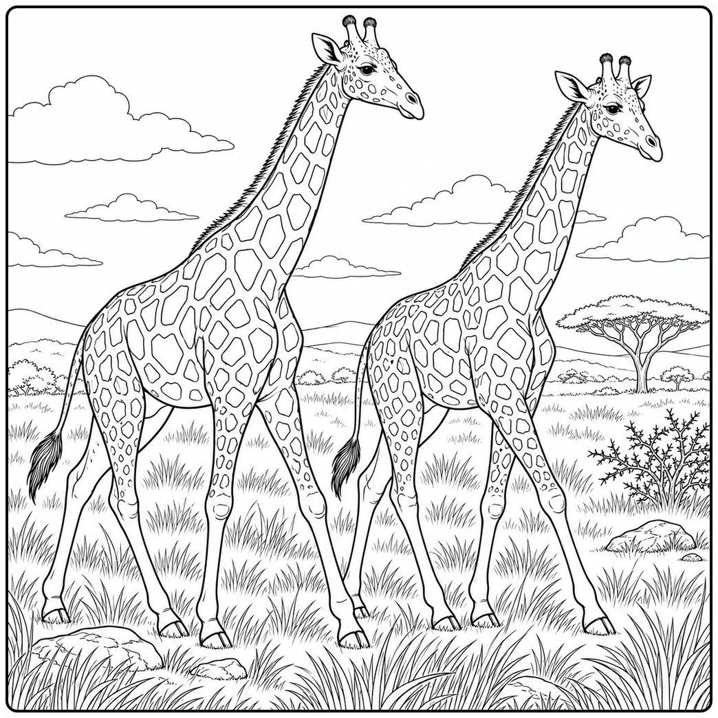 Two adults cross open grassland in a realistic giraffe coloring page with acacia trees