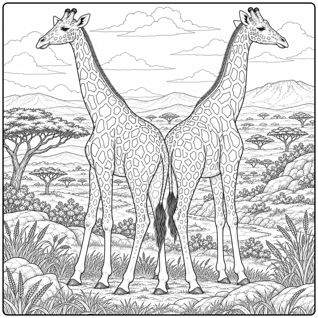 Two realistic giraffes stand side by side against mountains and an open African savanna