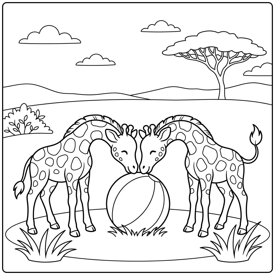 Two giraffes lean toward a large ball on an open savanna with an acacia tree