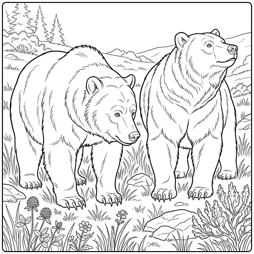 Two adult grizzlies stand in an open meadow, one sniffing low while the other raises its head