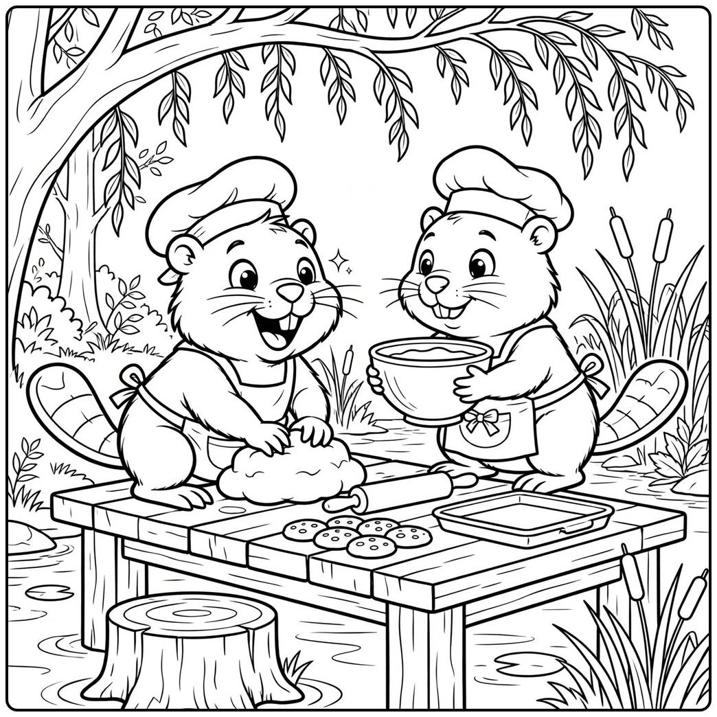 Two little beaver bakers prepare dough and cookies at a wooden table beside a creek.