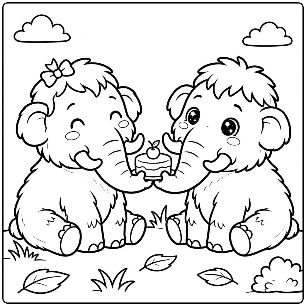 Two seated mammoths share a small cake while smiling beneath simple clouds