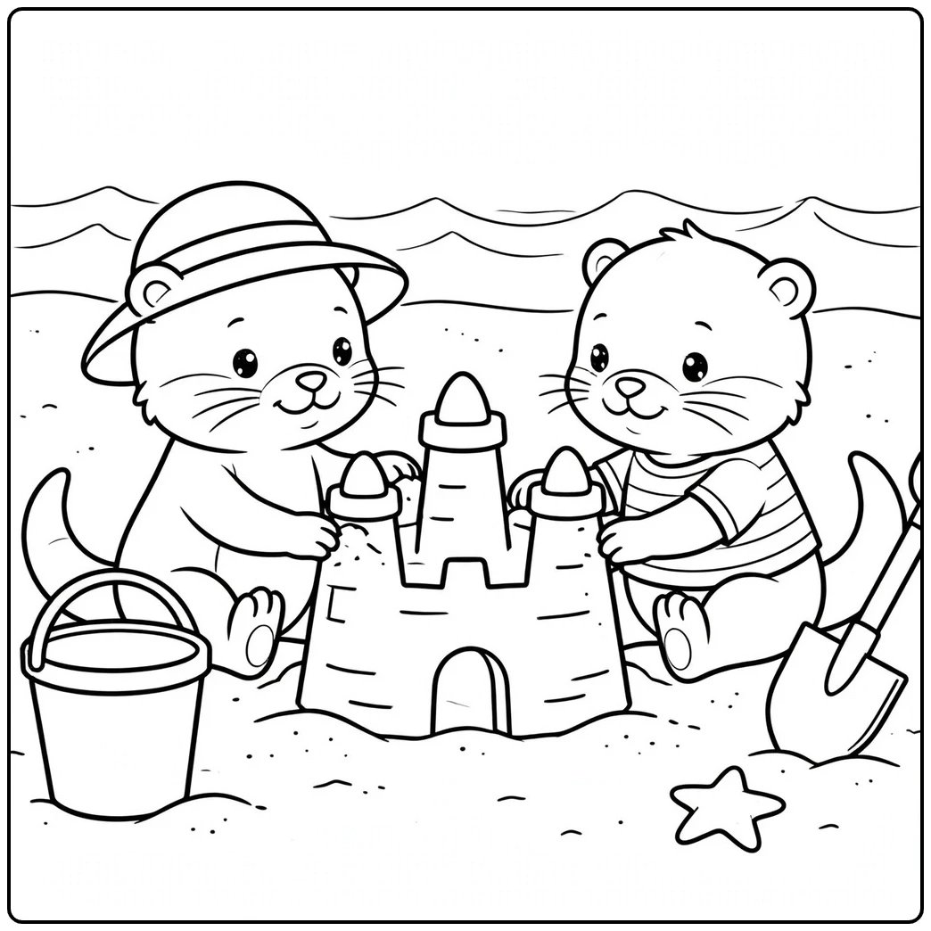 Two little otters build a sandcastle beside a bucket and shovel on the beach.
