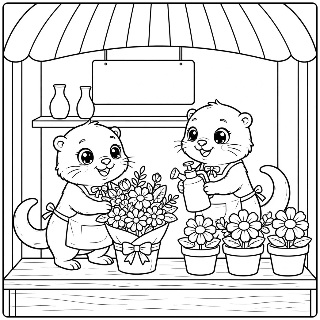 Flower shop scene in an otter coloring page with two florists and colorful blooms.