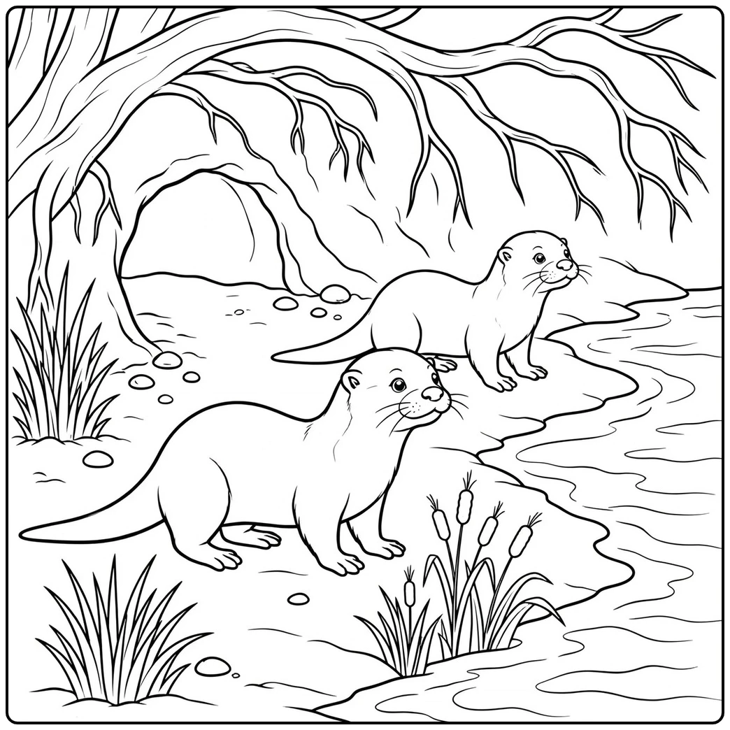 Two river otters explore a riverbank burrow beneath sprawling tree roots.