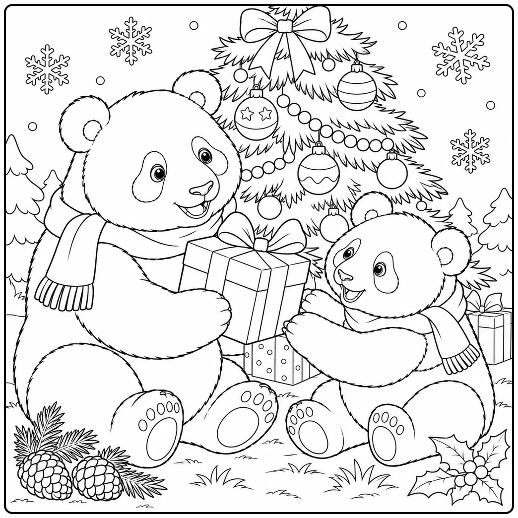 Download this fun christmas panda coloring page showing two bears exchanging gifts.