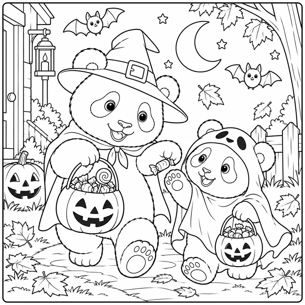 Two trick-or-treating pandas share candy in a halloween panda coloring page with bats.