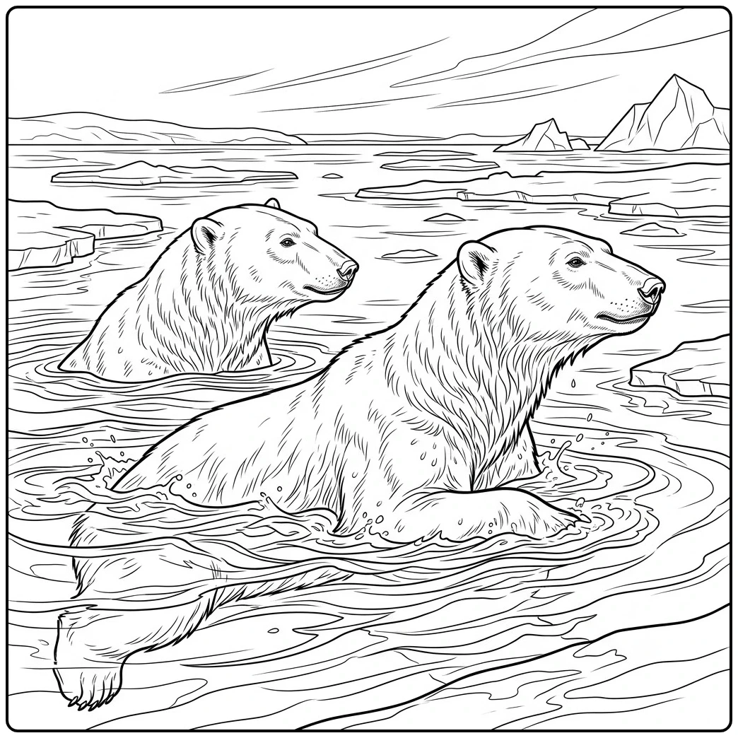 Two polar bears swim through Arctic water among scattered ice floes and distant peaks