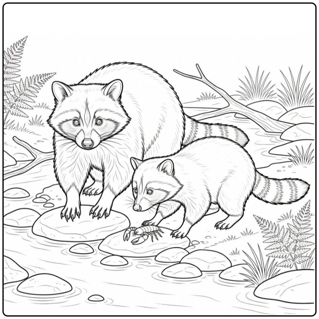 Two raccoons search creek stones near a crayfish in shallow water