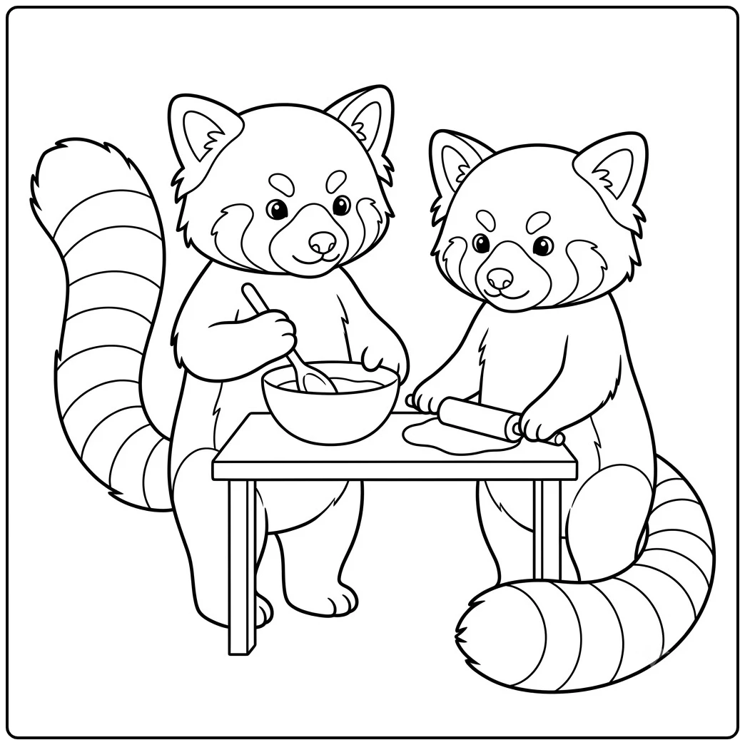 Two red pandas bake together, stirring a bowl and rolling dough at a small table