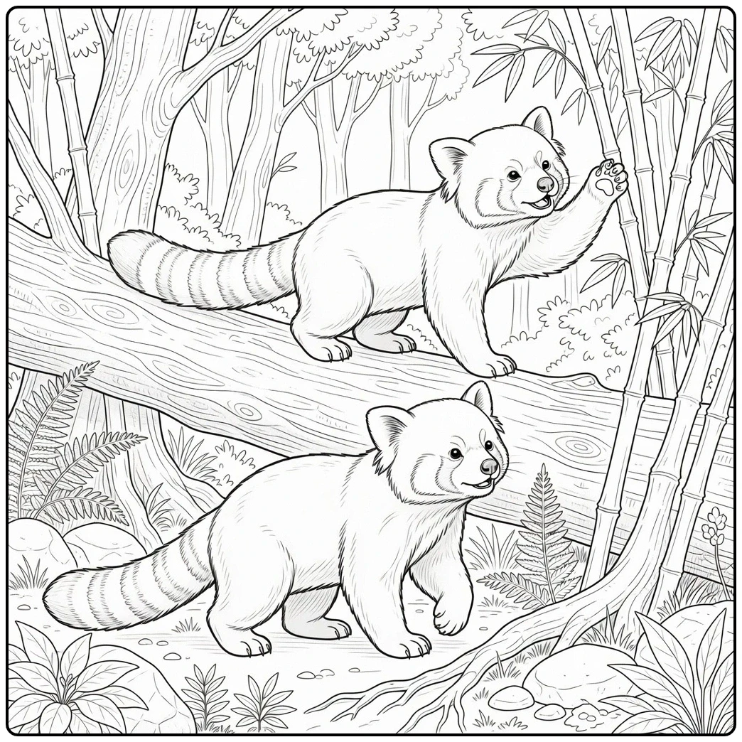 Two red pandas explore a bamboo forest, one on a log and another walking below