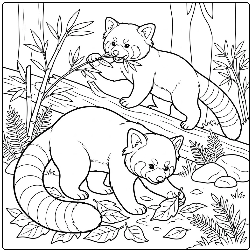 Two red pandas forage for leaves at different levels among logs, ferns, and bamboo