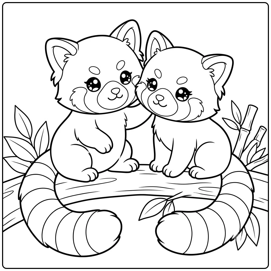 Two kawaii red pandas touching cheeks together on a branch with bamboo