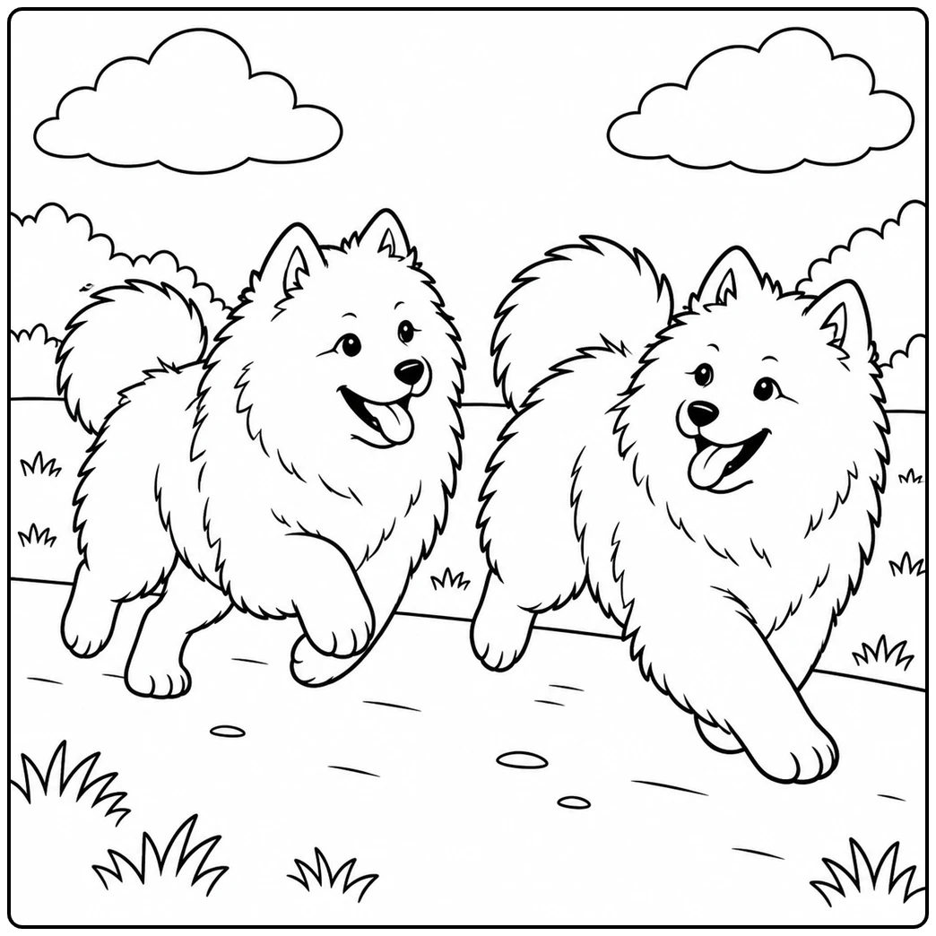 Two happy dogs run side by side in a samoyed coloring page on a wide outdoor path