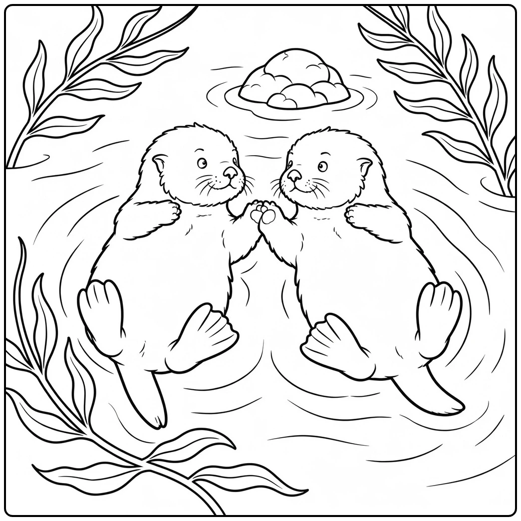 Two baby sea otters float face-to-face, touching paws between long kelp fronds.