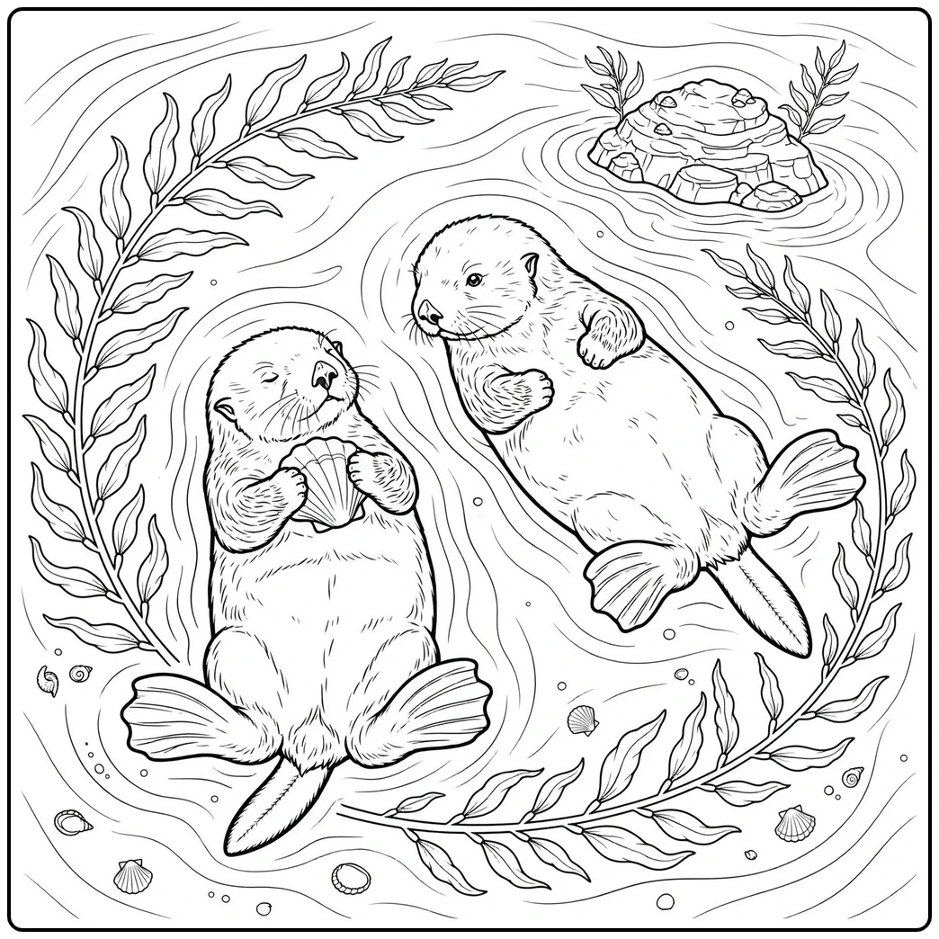 Two sea otters float among kelp, with one holding a scallop shell against its chest.