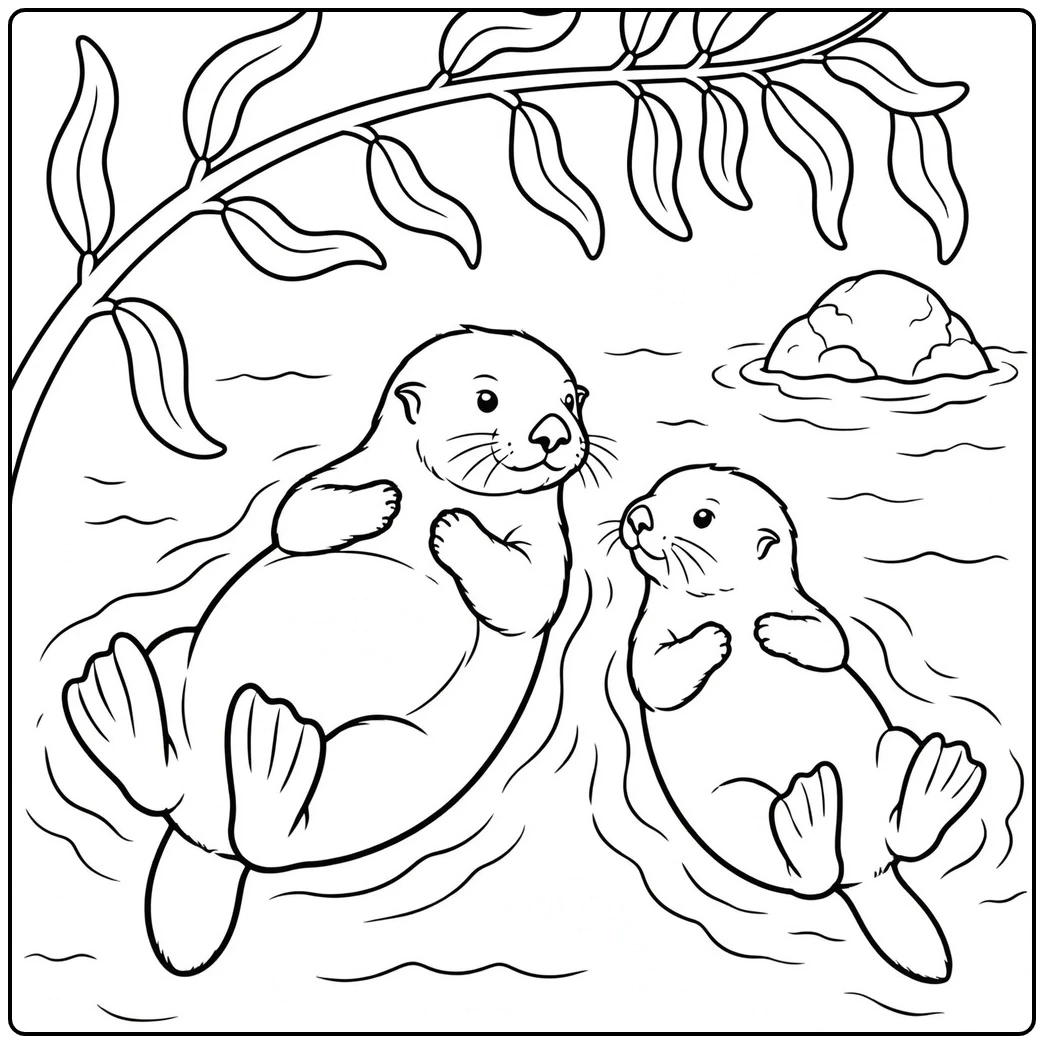 Two sea otters float face-to-face among kelp, with their front paws raised.