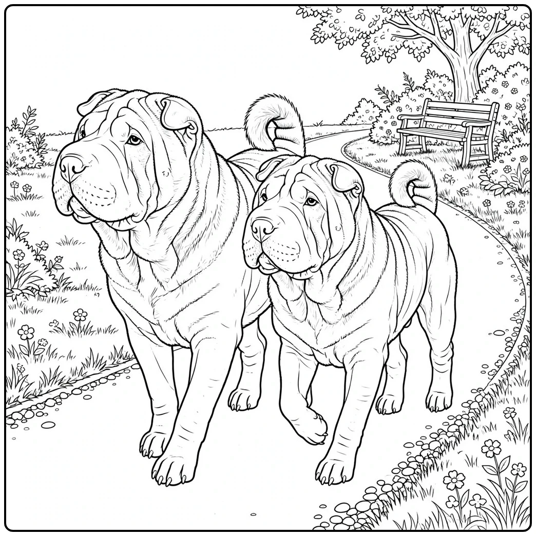 Two realistic Shar Pei dogs walk together along a winding flower-lined park path.