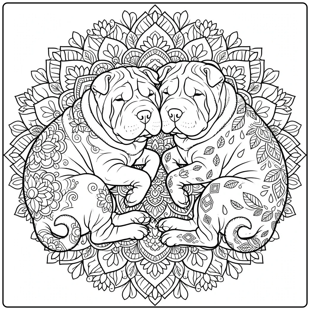 Two curled Shar Pei dogs rest nose to nose inside an intricate floral mandala