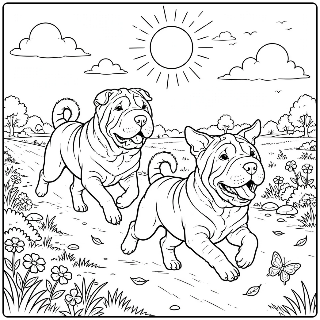 Two running dogs enjoy a sunny field in this Shar Pei coloring page with a butterfly