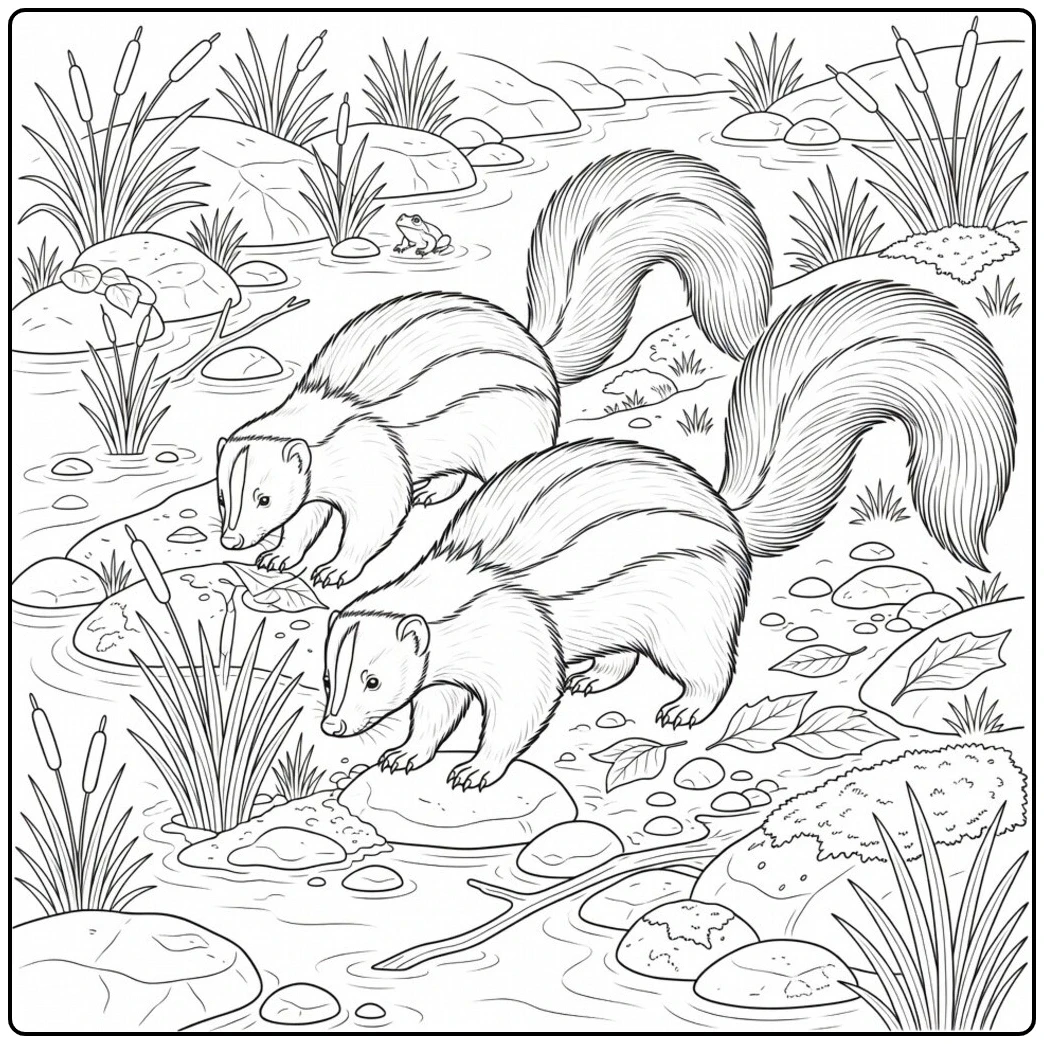 Two skunks forage beside a stream in a realistic skunk coloring page with reeds and rocks