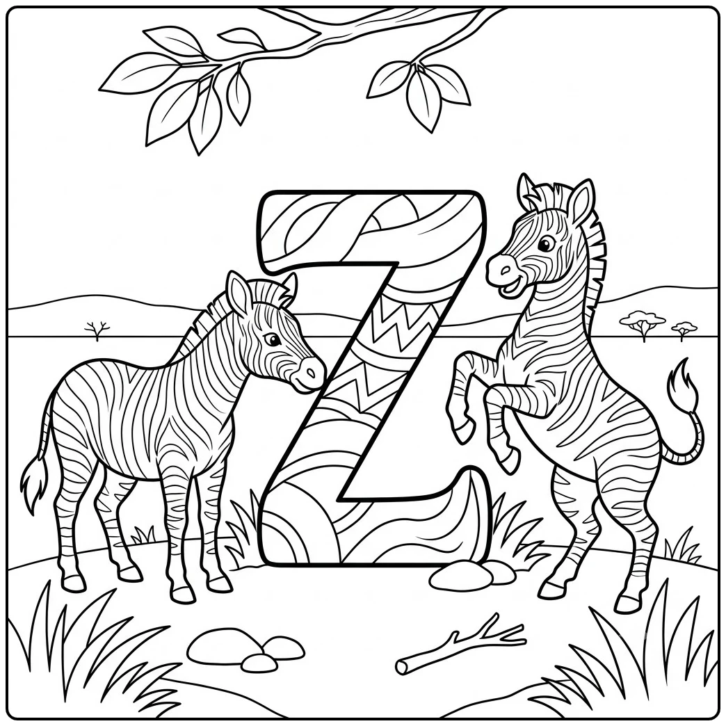Two striped zebras gather around a large patterned Z on an open savanna