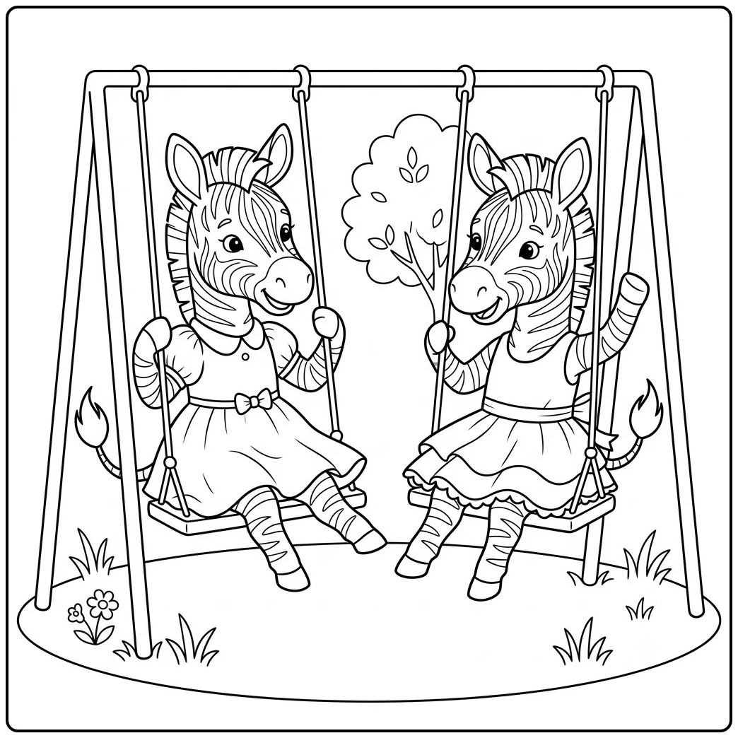 Two dressed zebras enjoy a zebra coloring page scene while swinging side by side