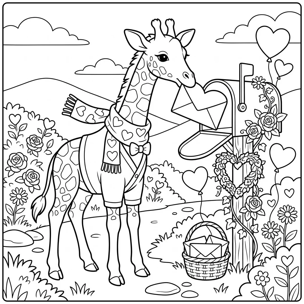Valentine giraffe coloring page with a heart envelope, roses, mailbox, and balloons
