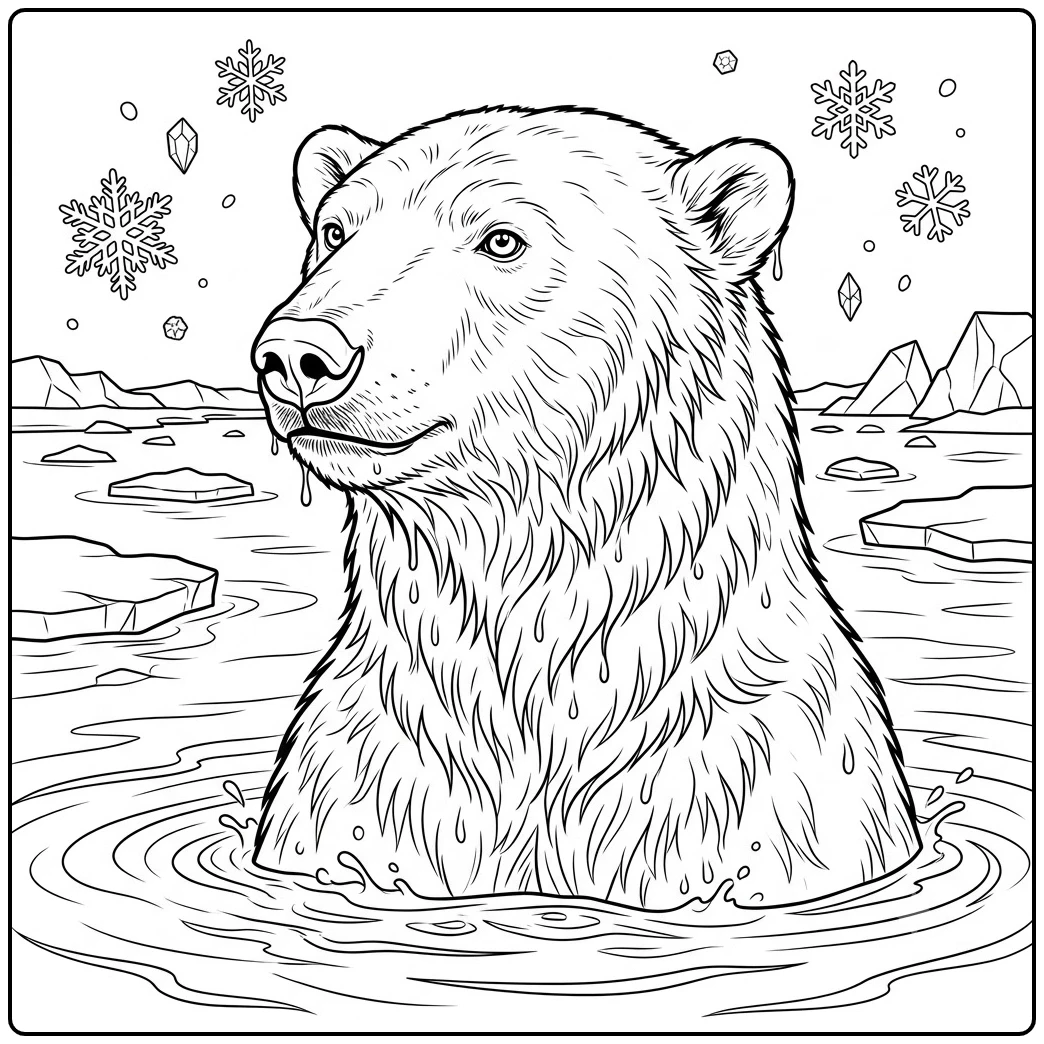 Wet bear rising from icy water in a polar bear face and portrait coloring page