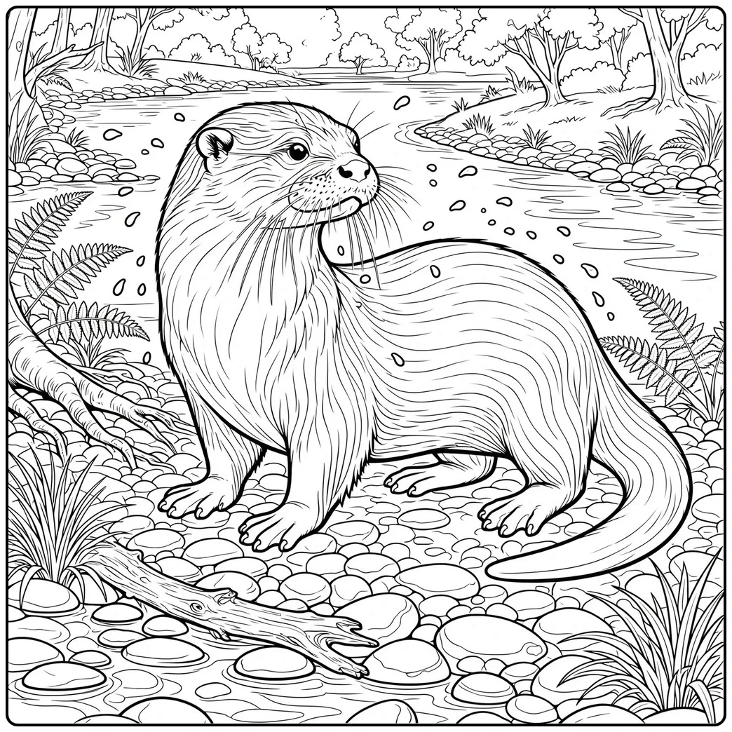 A river otter shakes water from its fur beside ferns, stones, and driftwood.