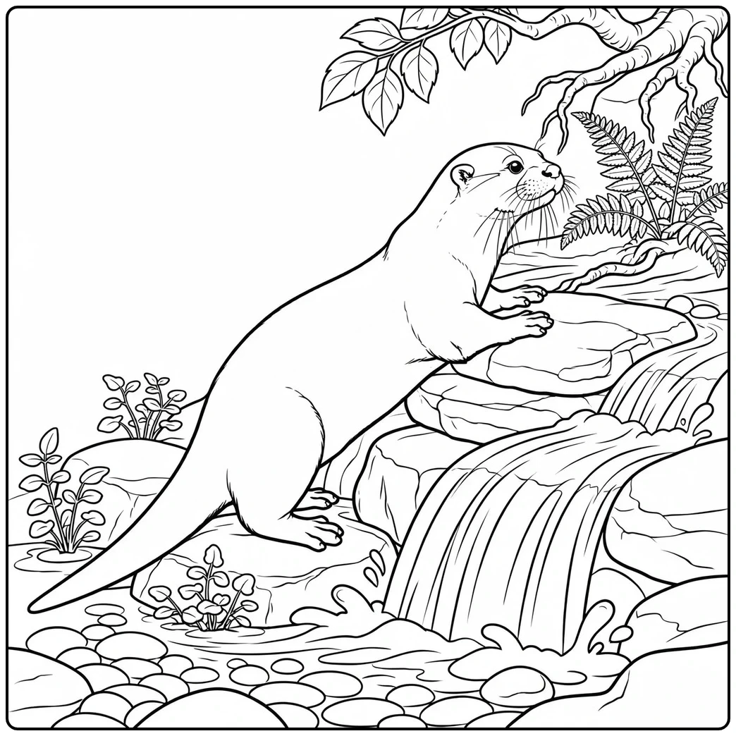 A wild river otter climbs across rocky ledges beside a cascading waterfall.