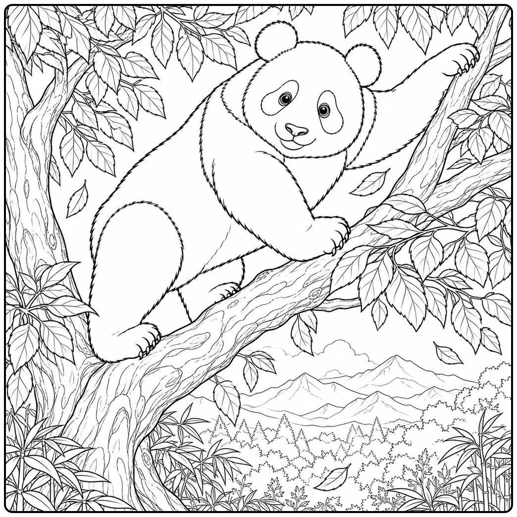 Large panda bear climbing a thick tree branch with tall mountains in the background.