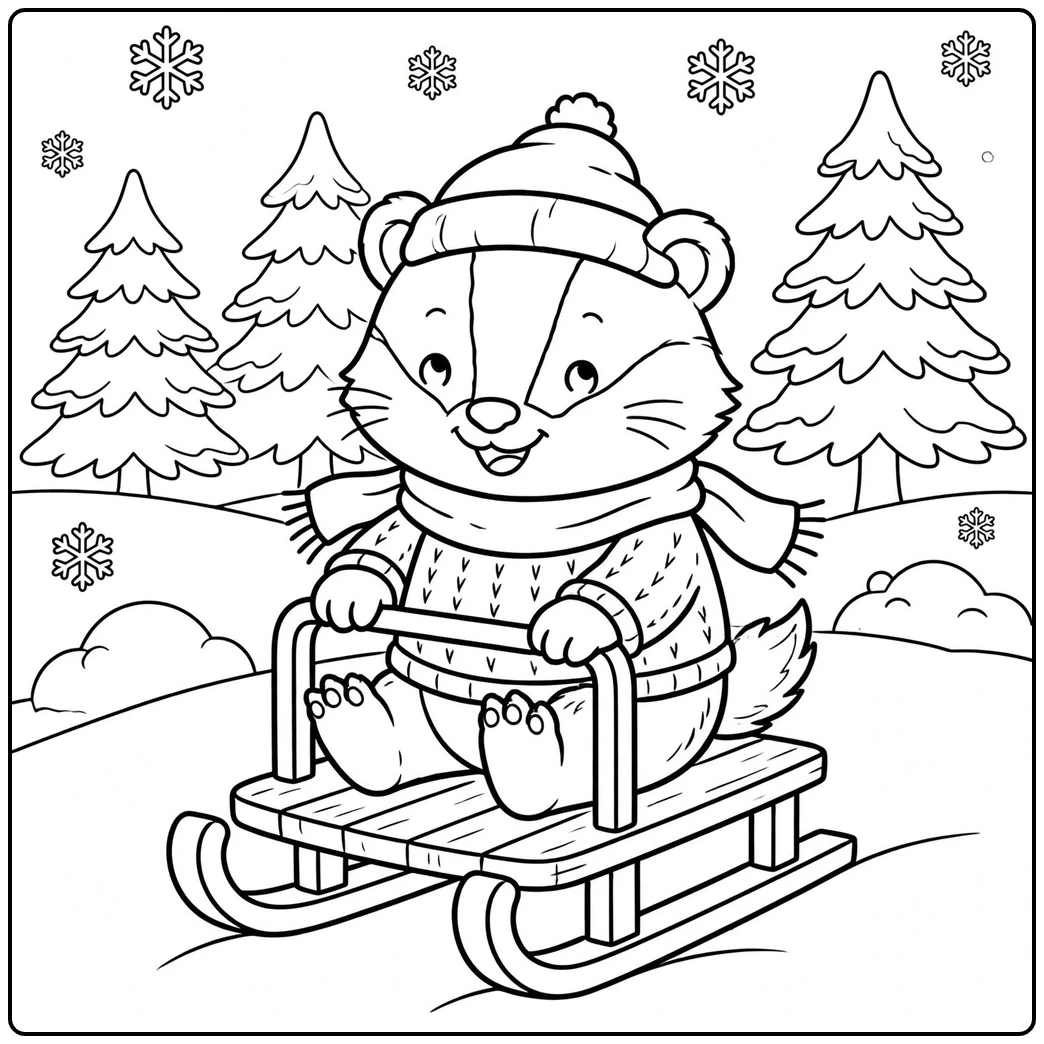A bundled-up badger rides a wooden sled down a snowy slope between pine trees.