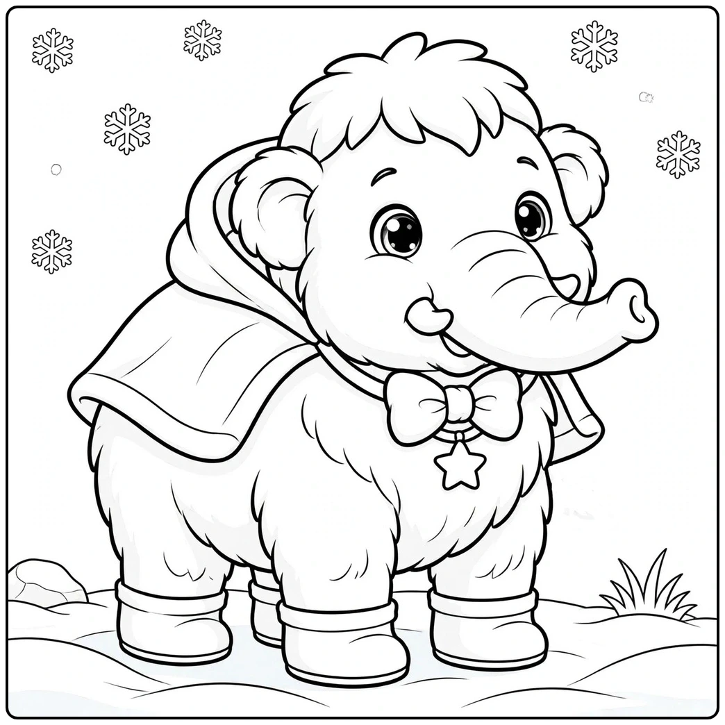 Bundled baby mammoth wears boots, a cape, and a bow while standing in falling snow.
