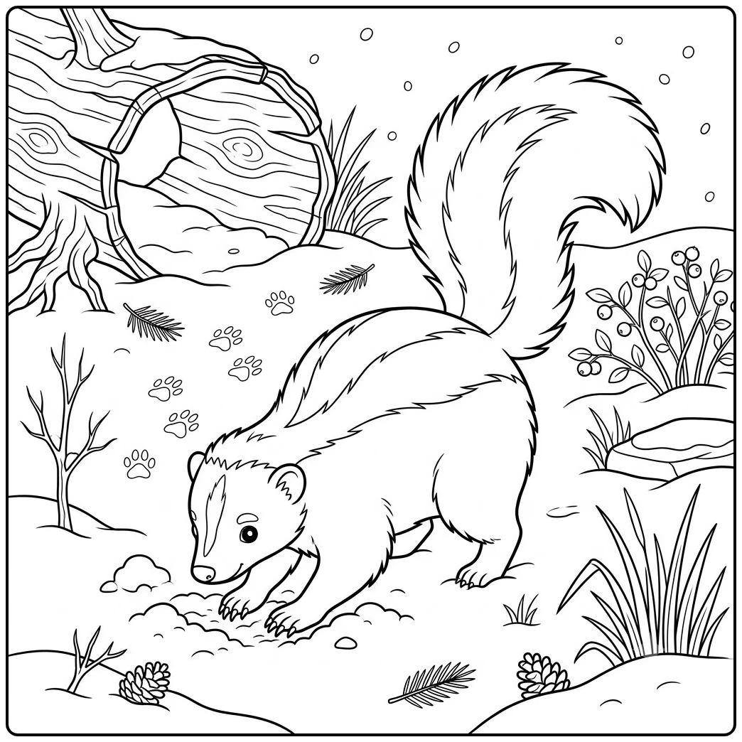 Winter skunk searches snowy ground near a hollow log, tracks, and berry bushes